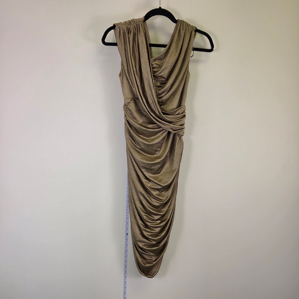Suzi Chin for Maggy Boutique Bronze Metallic Ruched Draped Cocktail Dress Size 6